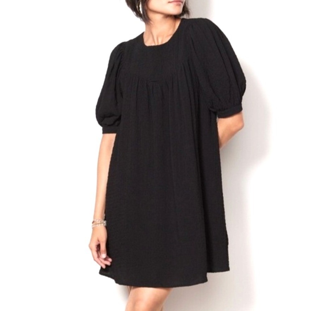 EVEREVE Black Textured Puff Sleeve Babydoll Mini Dress Size Small